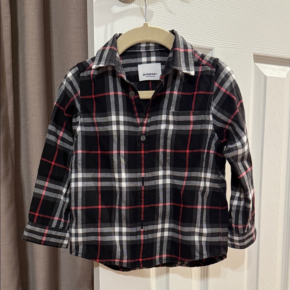 Burberry Kids Boys’ Black/White/Red Checkered Plaid Long Sleeve Shirt 3Y